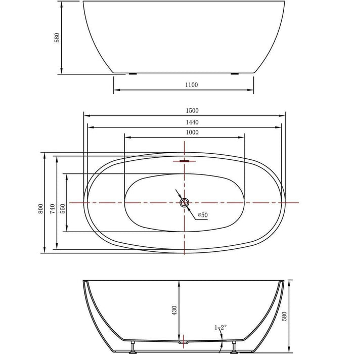 Nevada Black 1500mm x 800mm Double Ended Small Freestanding Bath