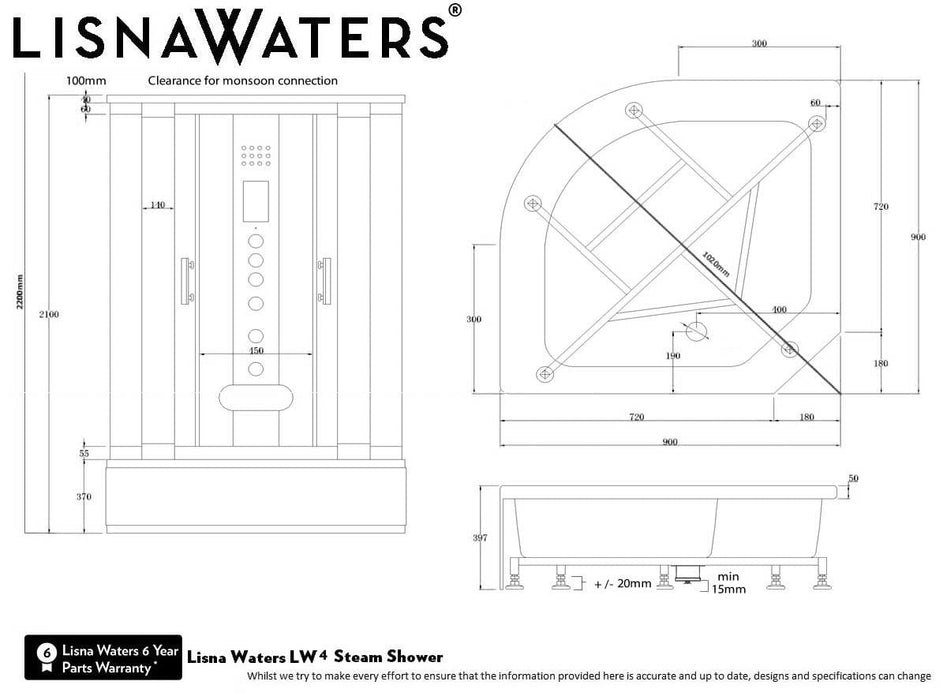 LW4 900mm x 900mm Black Quadrant Steam Shower